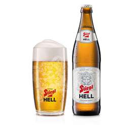 Stiegl Hell Flasche und Becherglas