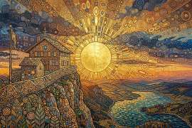 Ddie Schafbergspitze im Salzkammergut mit Blick auf den Mondsee KI generiert im Stil angelehnt an Gustav Klimt. Hauptsujet der neuen Salzkammergut Kampagne 