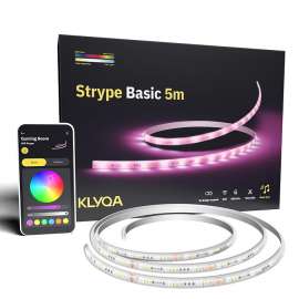 Klyqa Strype samt Verpackung, ling ein Mobiltelefon, auf dem die Klyqa App l�uft