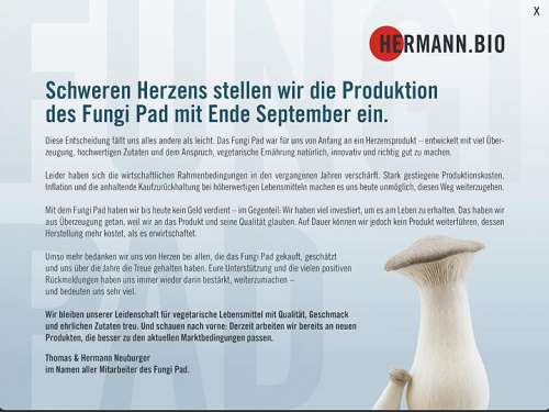 Infoflyer auf der Website �ber die Einstellung der Produktion