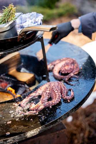 Die Spitzenk�che pr�sentierten ihr jeweiliges Gericht an einer eigenen Station.- hier werden ganze kleine Oktopusse gegrillt